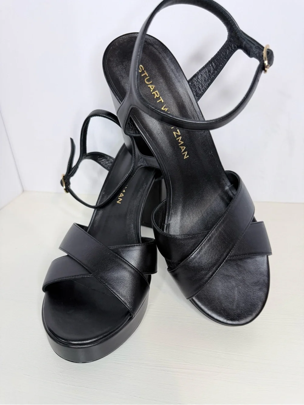 Stuart Weitzman Dayna Black Leather Platform Block Ankle-Strap Sandals 9.5 B